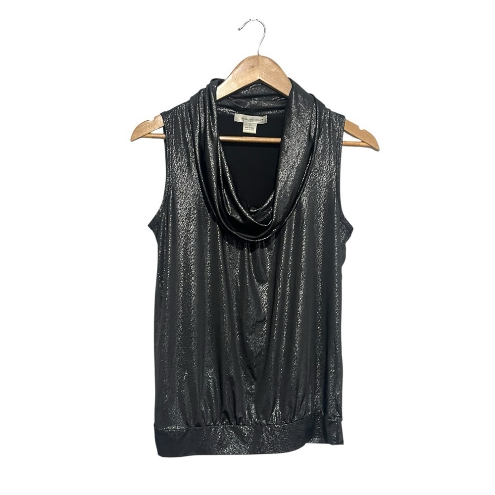 August Silk Metallic Black Cowl Neck Top Women's Size Small Sleeveless Shimmer